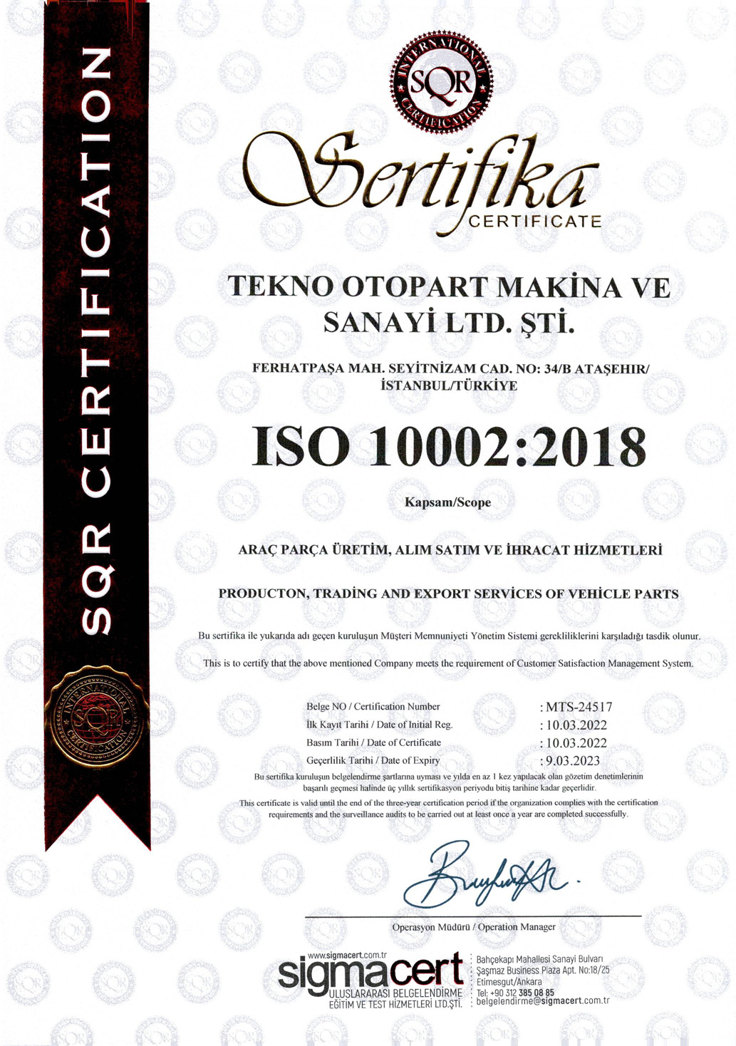 TEKNO OTOPART ISO10002