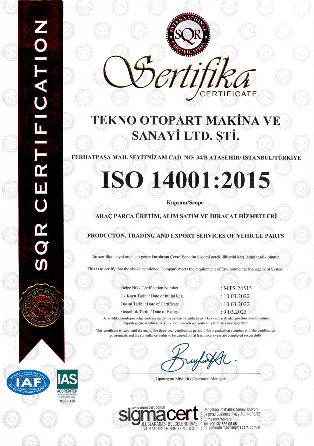 TEKNO OTOPART ISO14001